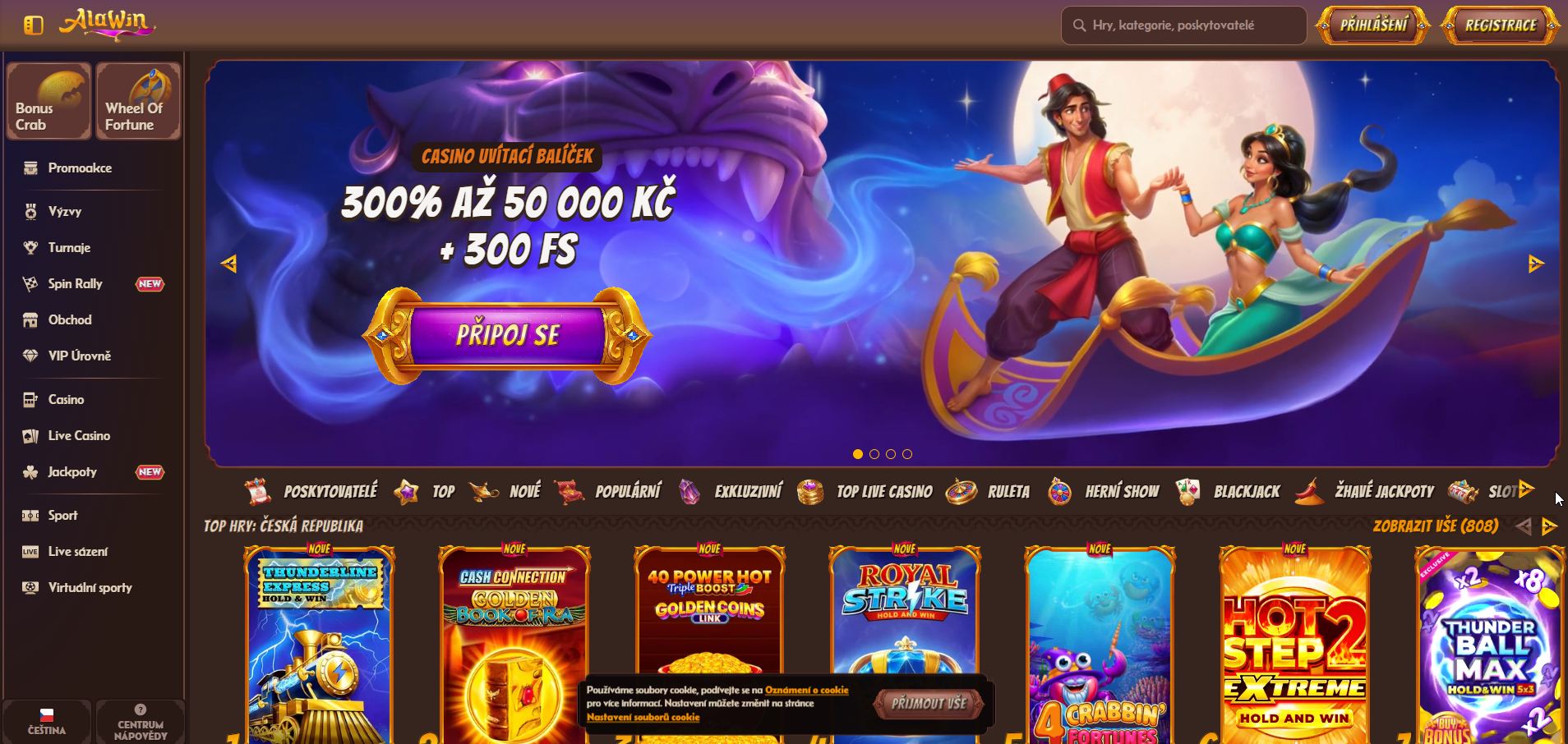 Snímek obrazovky hlavní stránky online casina Alawin s magickým orientálním motivem inspirovaným pohádkou o Aladinovi, výrazným bannerem s uvítacím bonusem a nabídkou populárních výherních automatů