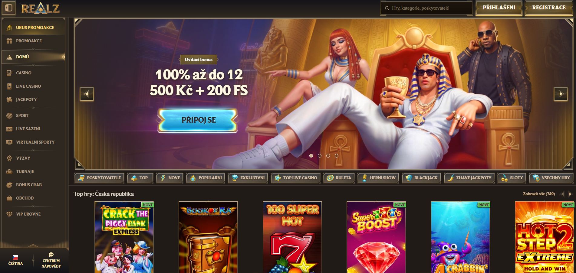 Snímek obrazovky úvodní obrazovky online casina Realz s čistým minimalistickým rozhraním, důrazem na autentické živé kasino (live casino) a přehlednou sekcí nejhranějších her