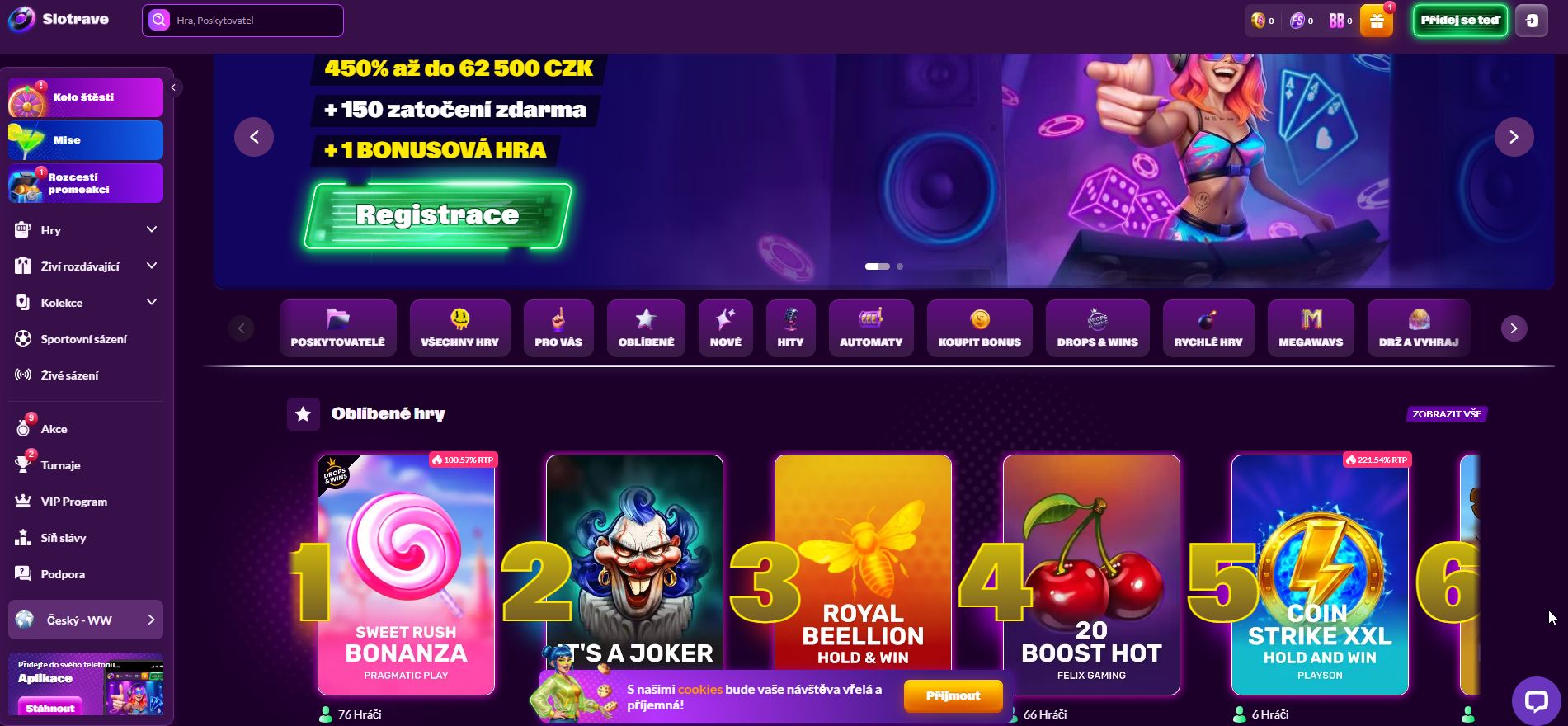 Screenshot hlavní stránky online casina Slotrave s vibrujícím festivalovým designem, poutavou galerií nejnovějších slotů a výraznou sekcí s aktuálními promo akcemi a turnaji
