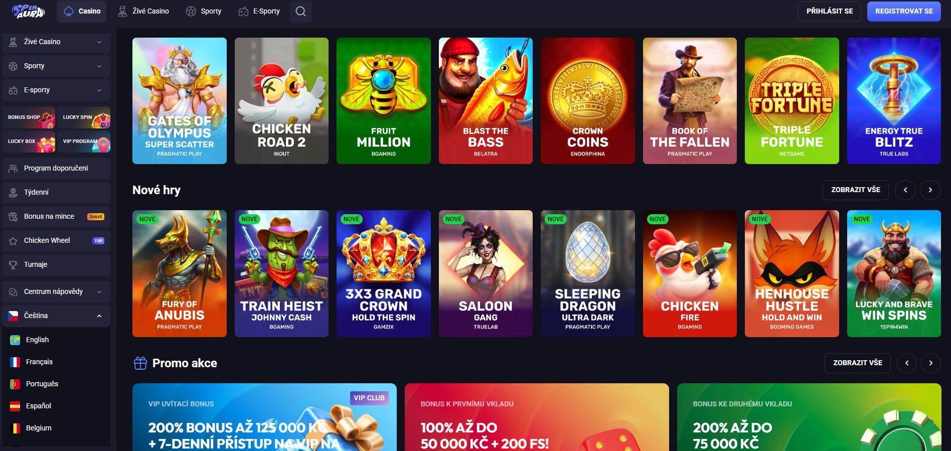 Screenshot domovské stránky casina SpinAura s moderním svítícím designem, důrazem na roztočení zdarma (free spins) a přehlednou sekci s nejhranějšími online hrami