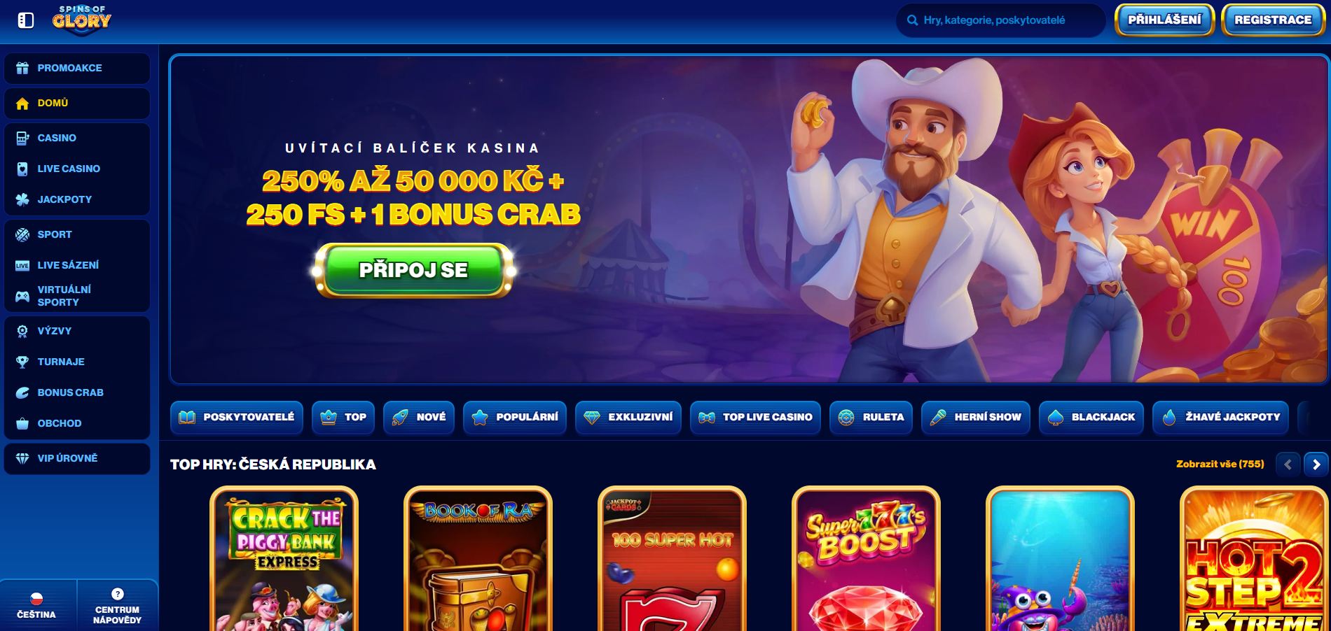 Snímek obrazovky domovské stránky online casina Spins of Glory s epickým hrdinským motivem, zlatými vavříny, navigační lištou pro výherní automaty a nabídkou uvítacího balíčku