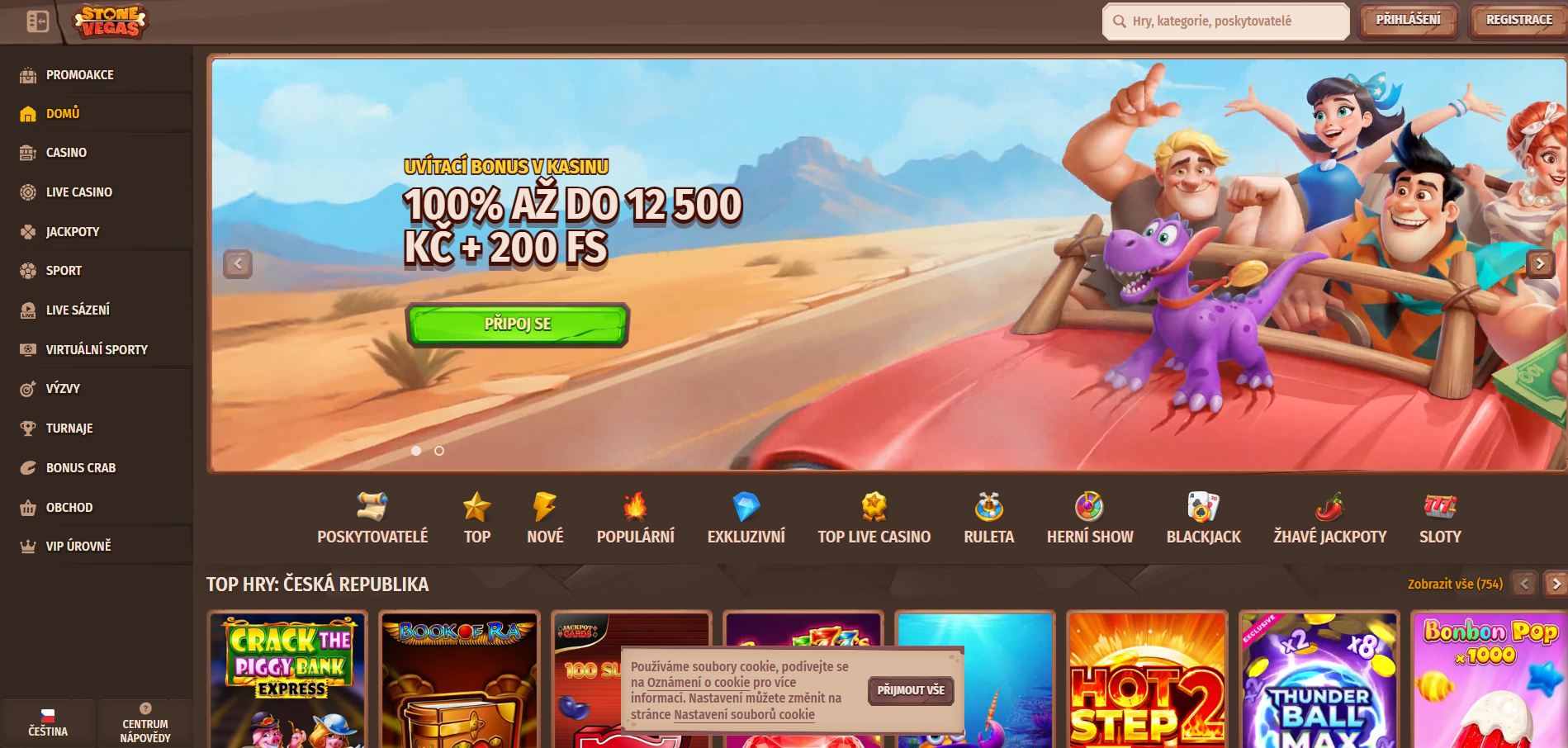Screenshot hlavní stránky casina Stone Vegas kombinující pravěký kamenný design s lesklým Vegas stylem, nabídkou vkladových bonusů a poutavou sekci jackpotových her