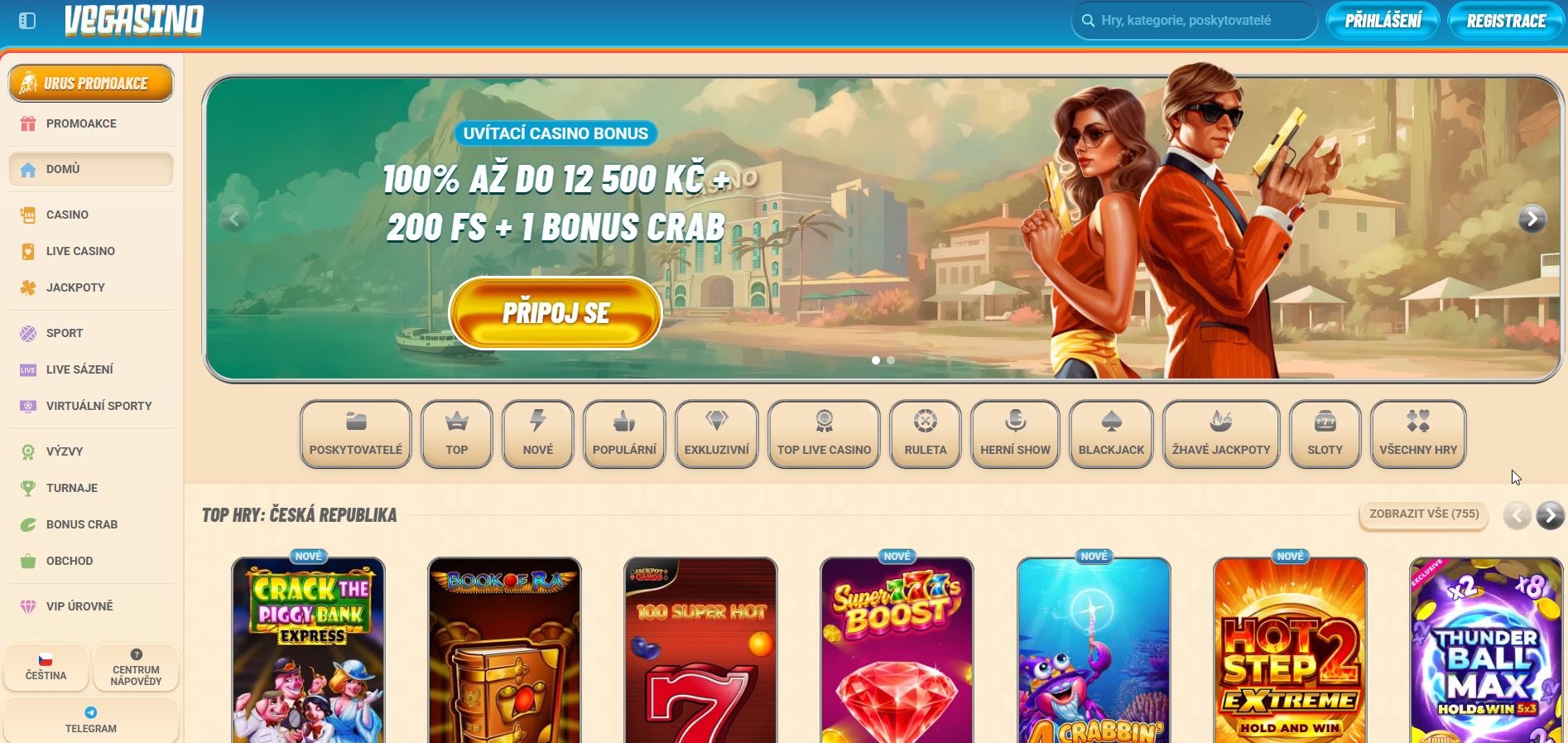 Screenshot úvodní stránky casina Vegasino s klasickým neónovým Vegas motivem, výrazným bannerem pro uvítací bonus a ukázkou pestré nabídky klasických i nových výherních automatů