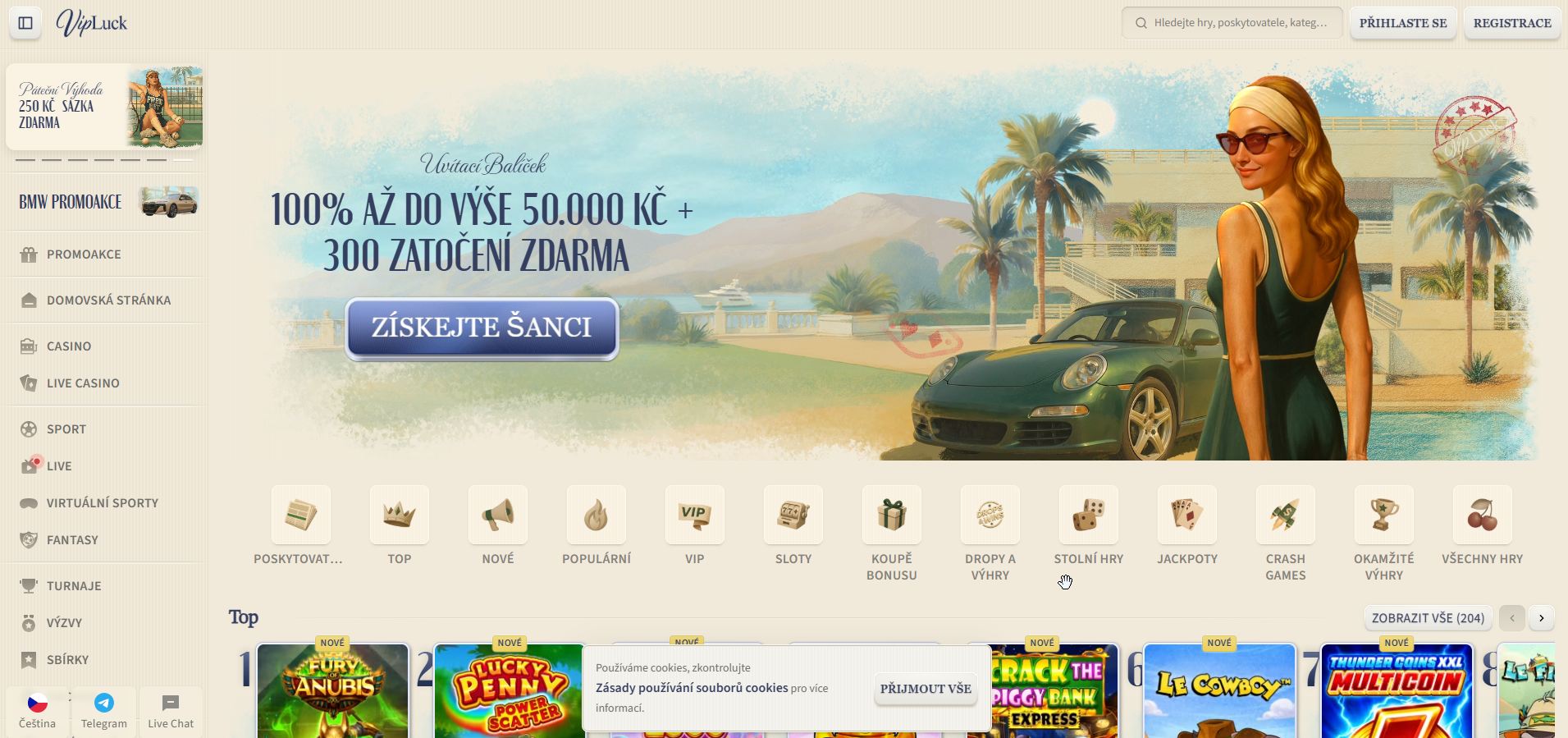 Screenshot hlavní stránky casina VIPLuck s elegantním černým a zlatým designem, motivem čtyřlístku pro štěstí a zvýrazněním exkluzivních VIP výhod a jackpotových her